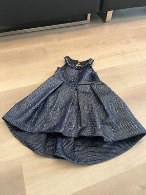 Rare Editions Navy Metallic High-Low Party Dress with Jeweled Collar